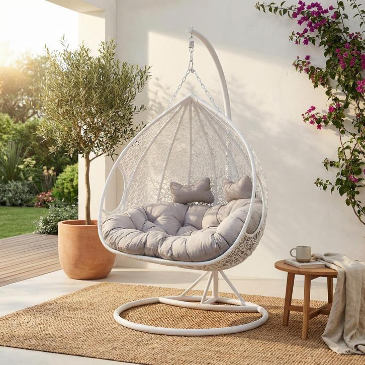 Hangstoel 2 pers | Wit-grijs | Nieuw | Scherpe Prijs, Huis en Inrichting, Stoelen, Twee, Wit, Nieuw, Kunststof, Ophalen of Verzenden