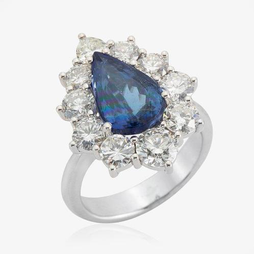 Ring - 14 karaat Witgoud - 6.66ct. tw. Tanzaniet - Diamant, Sieraden, Tassen en Uiterlijk, Ringen