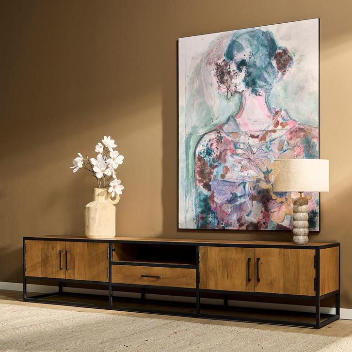 Tv meubel Denver | Mangohout en staal | 240 cm - Meerdere, Huis en Inrichting, Kasten | Televisiemeubels, Nieuw, Ophalen of Verzenden