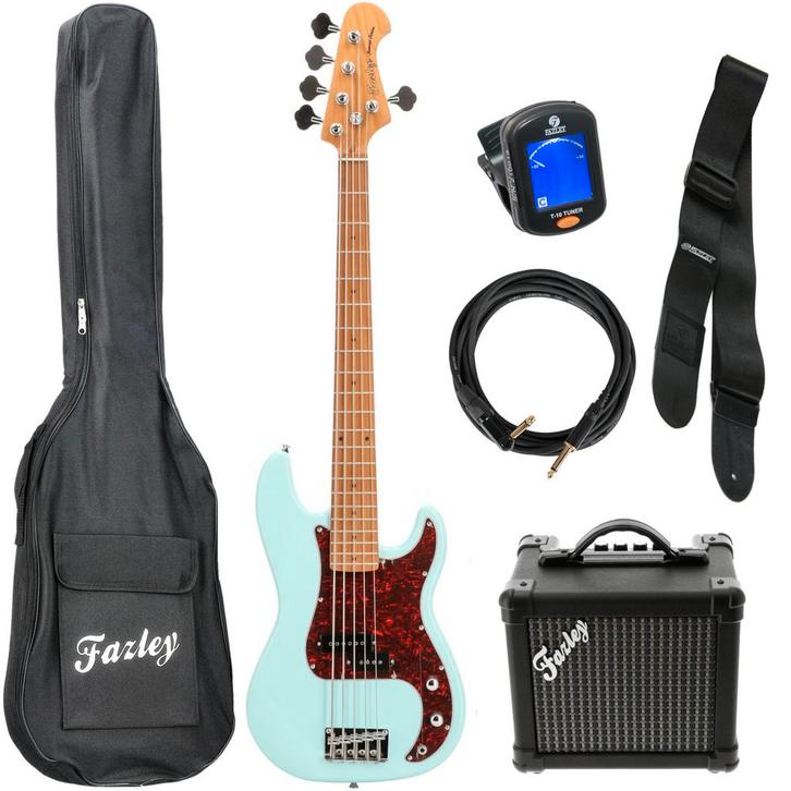 Fazley Sunset Series Piranha 5 Sky Blue basgitaar starterset, Muziek en Instrumenten, Snaarinstrumenten | Gitaren | Bas, Verzenden
