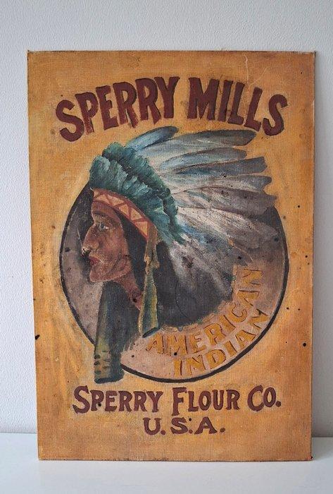 Rare Sperry Mills Amerikaanse Indiaan Bloemzak Canvas op, Antiek en Kunst, Antiek | Wandborden en Tegels