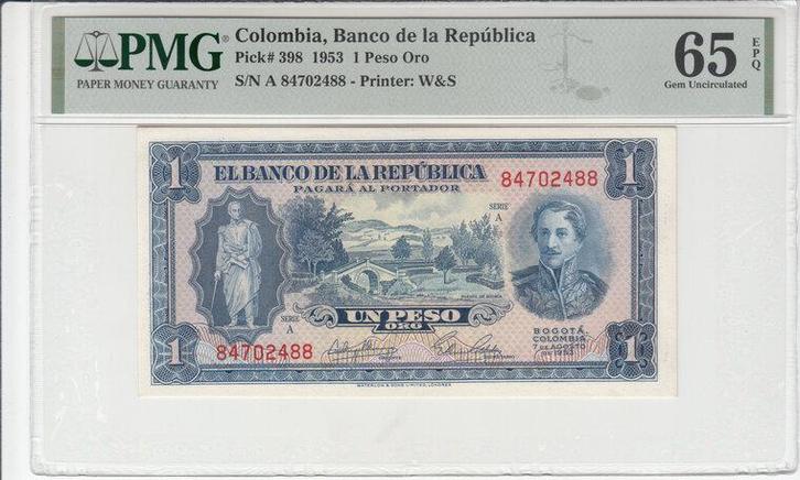 1953 Colombia P 398 1 Peso Oro Pmg 65 Epq, Postzegels en Munten, Bankbiljetten | Europa | Niet-Eurobiljetten, Verzenden