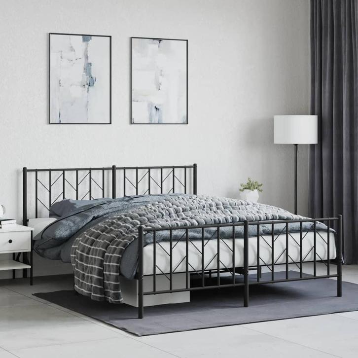vidaXL Bedframe met voetbord zonder matras metaal zwart, Huis en Inrichting, Slaapkamer | Bedden, 160 cm, 200 cm, Zwart, Tweepersoons