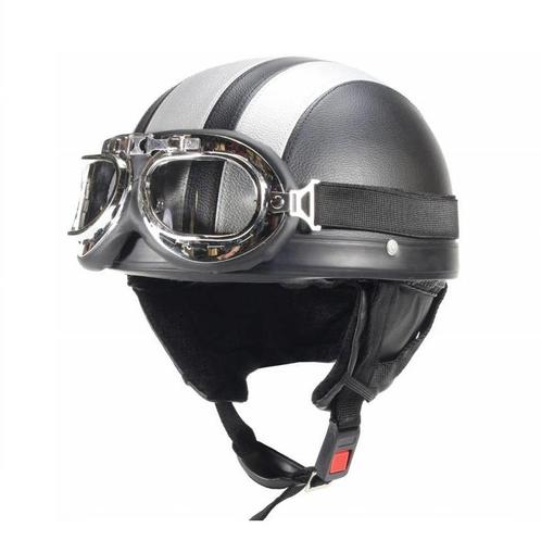 Vintage zwart - zilver leren pothelm, Motoren, Kleding | Motorhelmen, Nieuw met kaartje, Verzenden