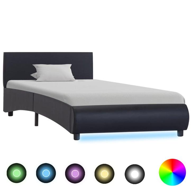 vidaXL Bedframe met LED kunstleer zwart 90x200 cm, Huis en Inrichting, Slaapkamer | Bedden, 90 cm, 200 cm, Zwart, Eenpersoons