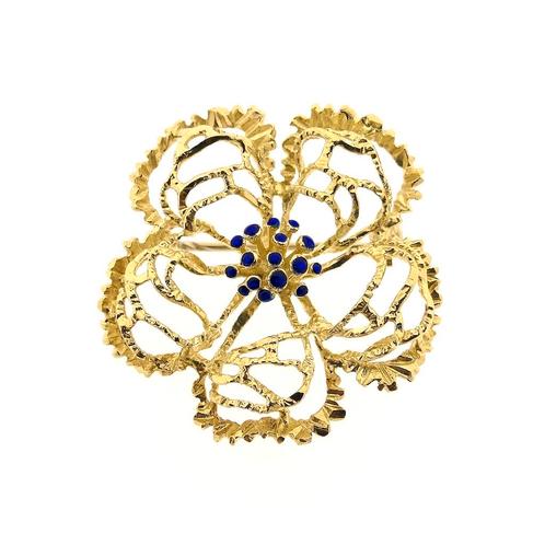 Gouden broche als bloem met emaille (vintage), Sieraden, Tassen en Uiterlijk, Broches, Overige kleuren, Gebruikt, Goud, Ophalen of Verzenden