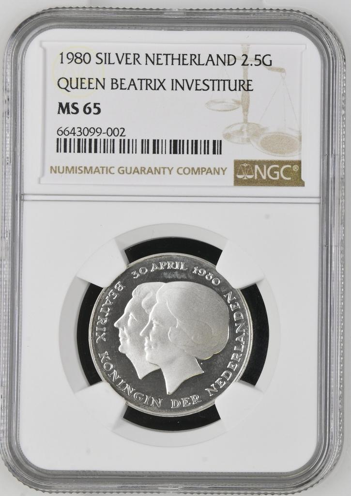Koningin Beatrix zilveren 2 1/2 Gulden 1980 Inhuldiging MS65, Postzegels en Munten, Munten | Nederland, Losse munt, Koningin Juliana