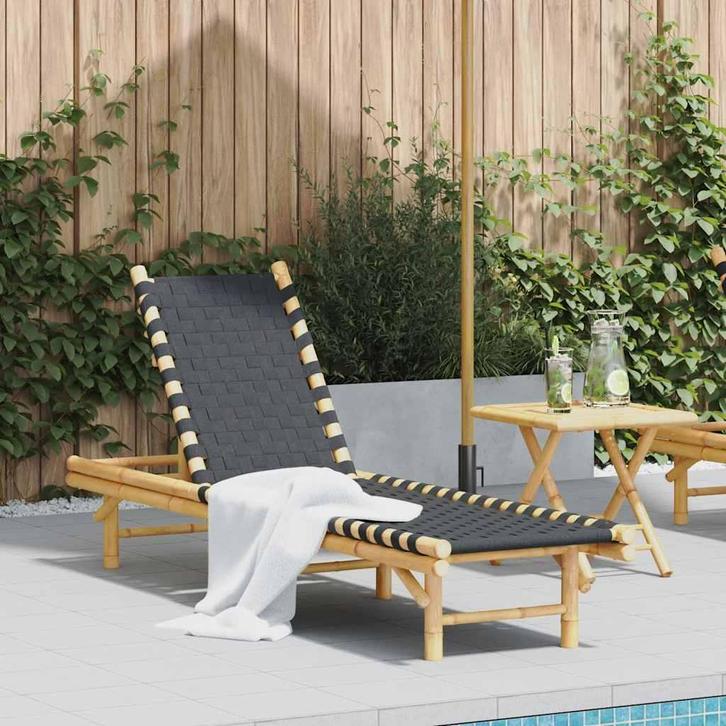 vidaXL Ligstoel met zwart geweven band 55x200x30 cm bamboe, Tuin en Terras, Ligbedden, Nieuw, Verzenden