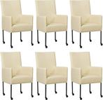 Set van 6 Crème leren moderne eetkamerstoelen - poot rond zw, Nieuw, Leer, Ophalen of Verzenden, Modern