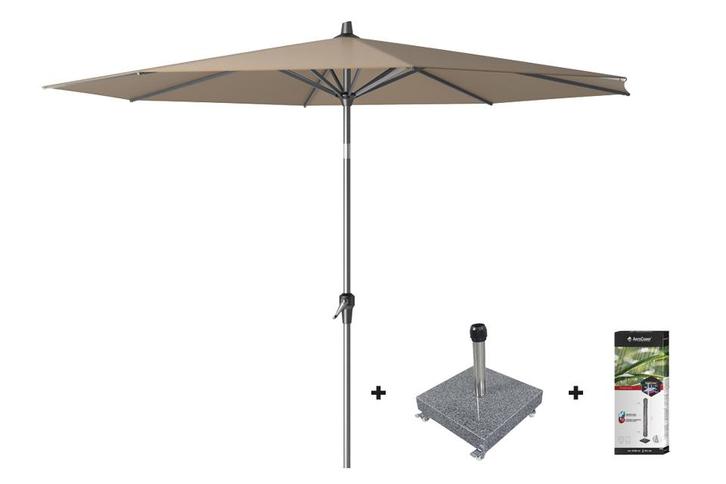 Platinum Riva stokparasol 3 m. rond - Taupe met voet en hoes, Tuin en Terras, Tuinsets en Loungesets, Nieuw, Overige materialen