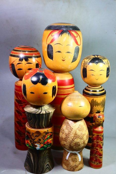 Hout - (6) Grote Sosaku Kokeshi Pop Masao Watanabe - Shwa, Antiek en Kunst, Antiek | Overige Antiek