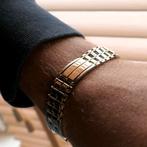 Bicolor gouden fantasie schakel armband | 21,5 cm (witgoud), Ophalen of Verzenden, Gebruikt, Overige kleuren, Goud