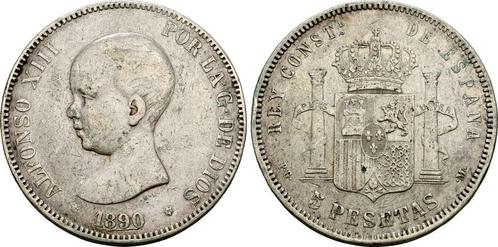5 Pesetas Madrid 1890 Pgm Spanien: Alfonso Xiii, 1886-1931:, Postzegels en Munten, Munten | Europa | Niet-Euromunten, Verzenden