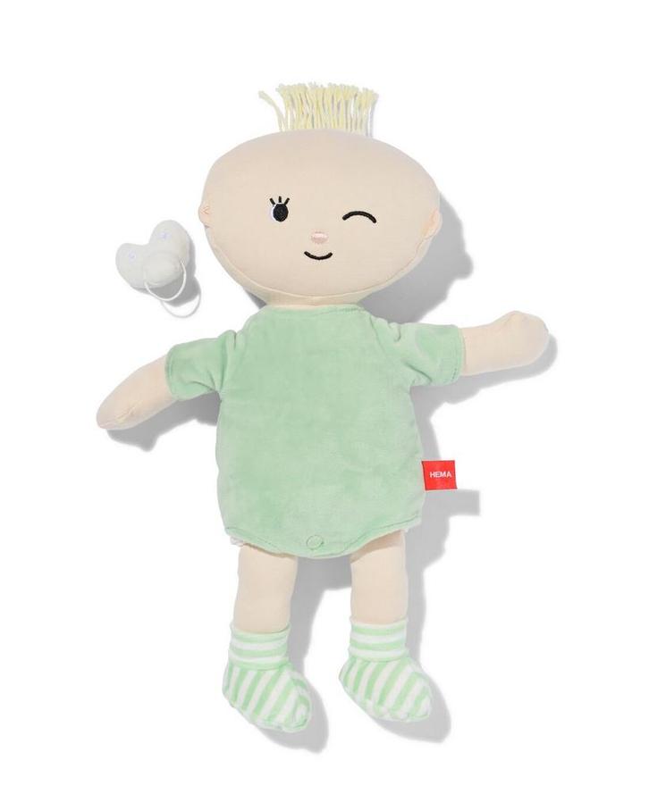 HEMA Knuffel babypop groen van €14.99 voor €10 sale, Kinderen en Baby's, Speelgoed | Poppen, Nieuw, Verzenden