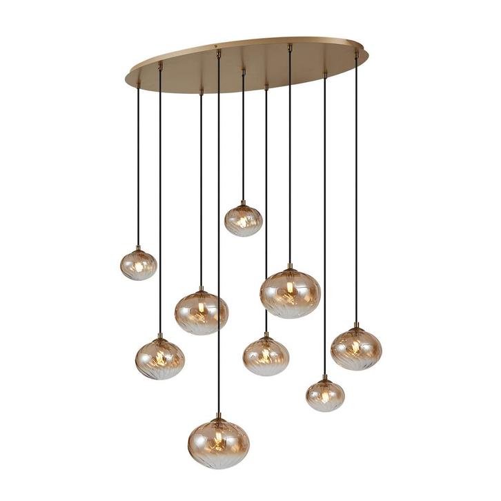 Art Deco hanglamp goud met amber glas 9-lichts - Jia, Huis en Inrichting, Lampen | Hanglampen, Nieuw, Overige materialen, 75 cm of meer