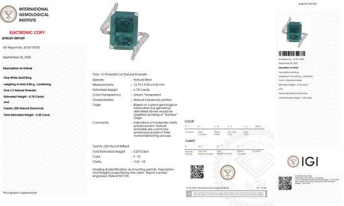 Ring - 14 karaat Witgoud - 6.98ct. tw. Smaragd - Diamant, Sieraden, Tassen en Uiterlijk, Ringen