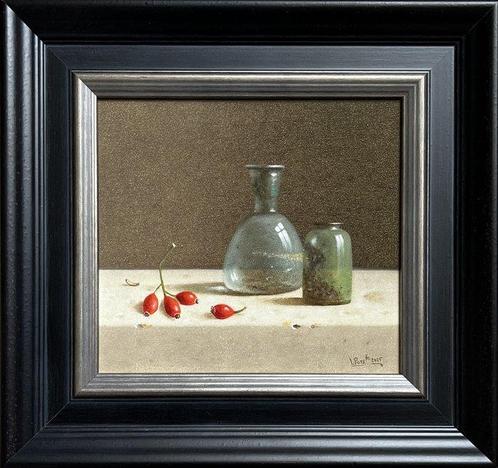 Leo Pors (1952) - Middeleeuws glas en rozenbottels, Antiek en Kunst, Kunst | Schilderijen | Klassiek