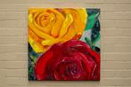 Twee Rozen – Collage van Rode en Gele Roos op Canvas, Ophalen of Verzenden