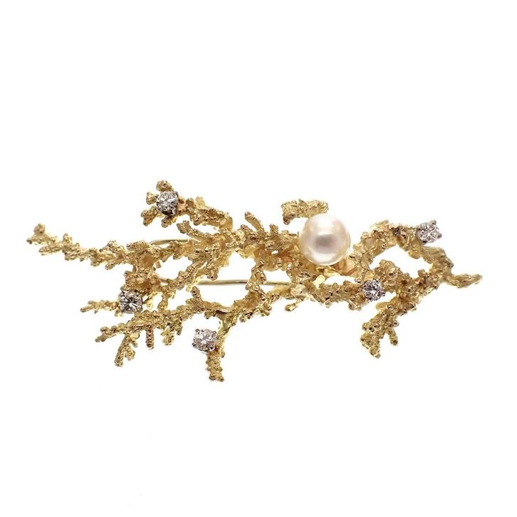 Antieke gouden broche van een koraal tak met parel en dia..., Sieraden, Tassen en Uiterlijk, Broches, Overige kleuren, Gebruikt