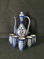 Brocca russa dipinta a mano blu cobalto e oro con 6 tazze -