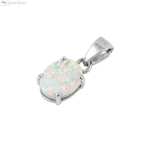 Zilveren ovale witte lab opaal kettinghanger, Sieraden, Tassen en Uiterlijk, Kettinghangers, Nieuw, Verzenden