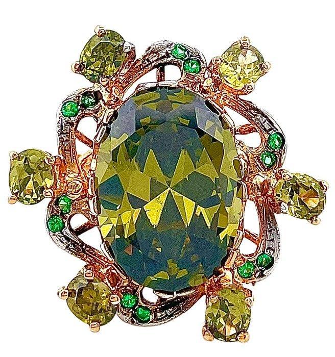 Zonder Minimumprijs - Ring - 9 kt. Geel goud, Zilver Olivijn, Sieraden, Tassen en Uiterlijk, Ringen