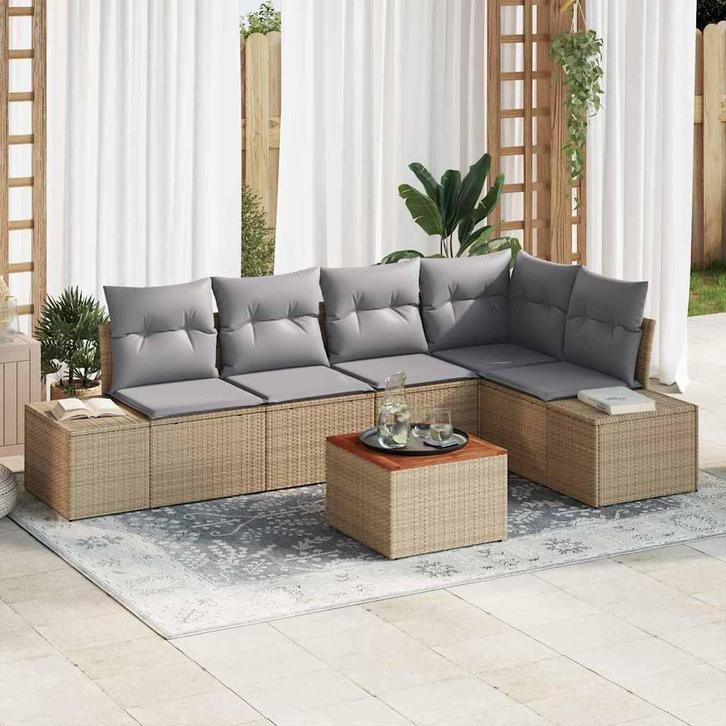 vidaXL Tuin Sofa Set met kussen 6 pcs Beige Poly riet, Tuin en Terras, Tuinsets en Loungesets, Nieuw, Rotan, Verzenden