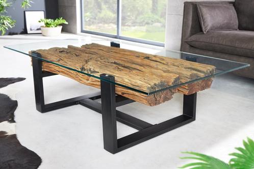 Design salontafel BARRACUDA 130cm gerecycled teak glasblad, Huis en Inrichting, Tafels | Salontafels, Ophalen of Verzenden