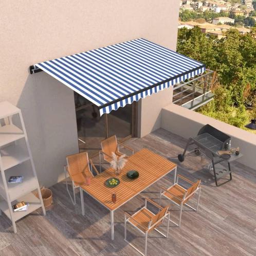 vidaXL Luifel handmatig uittrekbaar 400x350 cm blauw en wit, Tuin en Terras, Zonneschermen, Nieuw, Verzenden