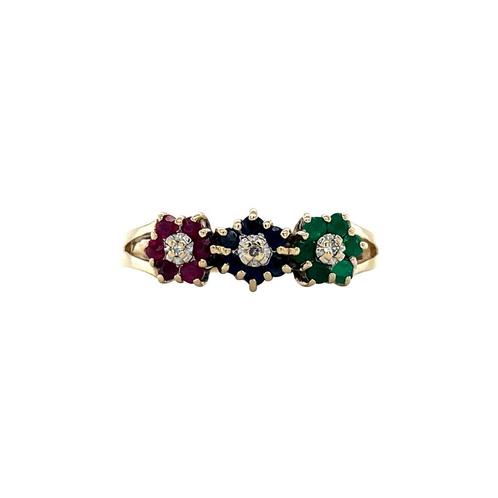 Gouden entourage rijring met saffier, smaragd, robijn en, Sieraden, Tassen en Uiterlijk, Ringen, Nieuw, Ophalen of Verzenden