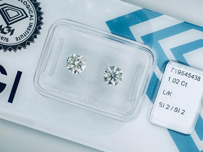 2 pcs Diamant (Natuurlijk) - 1.02 ct - Rond - K, L - SI2 -, Sieraden, Tassen en Uiterlijk, Edelstenen