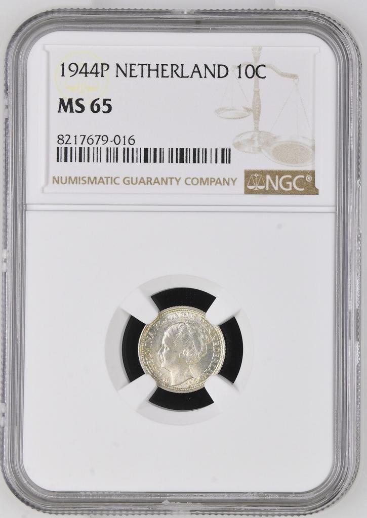 Koningin Wilhelmina 10 cent 1944 EP MS65 NGC gecertificeerd, Postzegels en Munten, Munten | Nederland, Losse munt, 10 cent, Koningin Wilhelmina