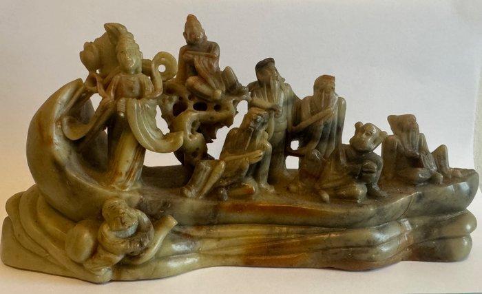 De acht onsterfelijken op een boot - Speksteen - China - 20e, Antiek en Kunst, Antiek | Overige Antiek