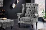 Design vleugelfauteuil CHESTERFIELD 105cm grijs fluweel, Ophalen of Verzenden, Nieuw