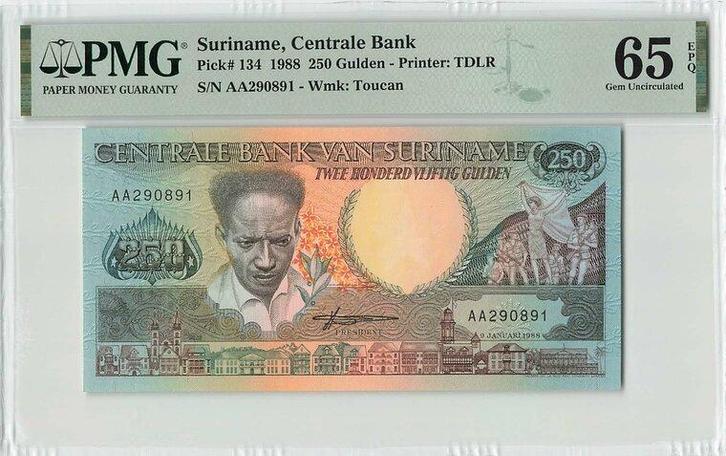 1988 Suriname P 134 250 Gulden Pmg 65 Epq, Postzegels en Munten, Bankbiljetten | Europa | Niet-Eurobiljetten, Verzenden