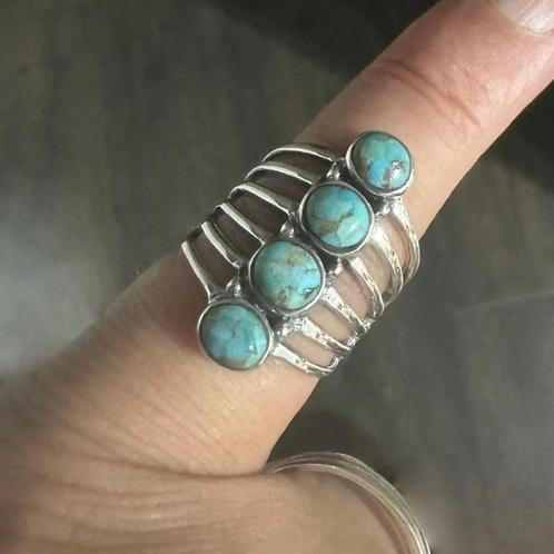Zilveren grote natuurlijke turquoise ring met 4 stenen, Sieraden, Tassen en Uiterlijk, Ringen, Nieuw, Verzenden