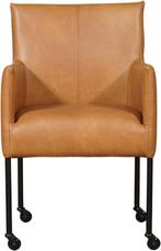 Set van 4 cognac leren eetkamerstoelen - met wieltjes en arm, Overige kleuren, Nieuw, Leer, Ophalen of Verzenden