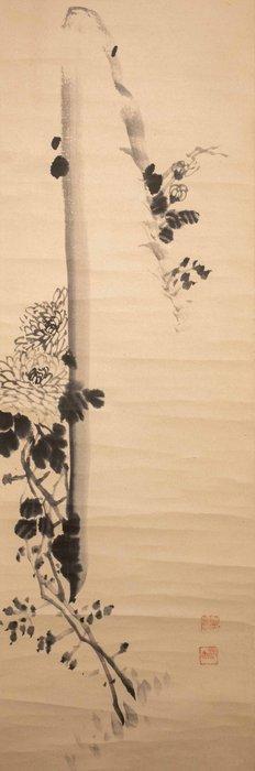 Een sumi-e hangende boekrol met een bloemencompositie met, Antiek en Kunst, Antiek | Overige Antiek