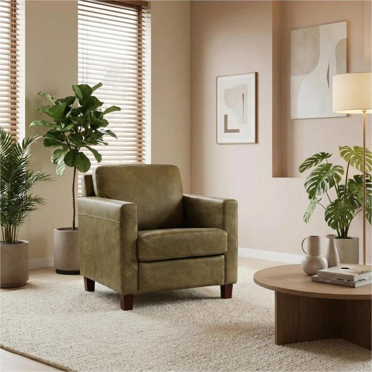 Leren fauteuil Smart - Kenia Olive (olijf) - Poten hout, Huis en Inrichting, Fauteuils, 50 tot 75 cm, 75 tot 100 cm, Nieuw, Leer