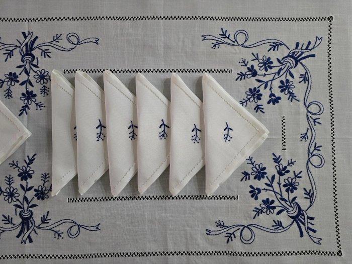 Tovaglia ricamata a mano in misto lino 12 posti gran misura, Antiek en Kunst, Antiek | Kleden en Textiel