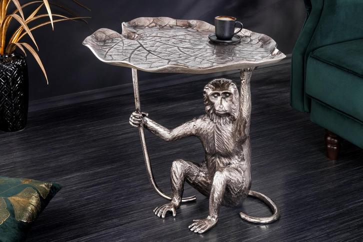 Design Bijzettafel WILDLIFE MONKEY 60cm Zilver Metaal, Huis en Inrichting, Tafels | Sidetables, Ophalen of Verzenden