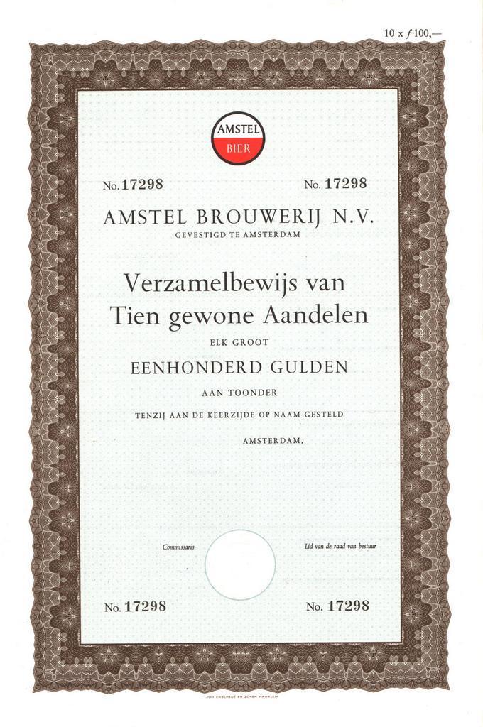 aandeel Amstel Brouwerij N.V., Postzegels en Munten, Aandelen en Waardepapieren, Ophalen of Verzenden