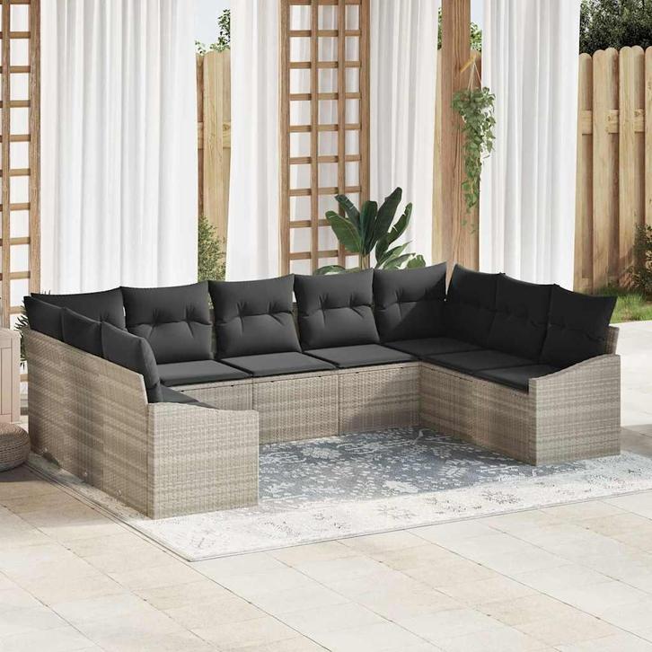 vidaXL Tuin Sofa Set 9 pcs Lichtgrijs Poly riet, Tuin en Terras, Tuinsets en Loungesets, Nieuw, Rotan, Verzenden