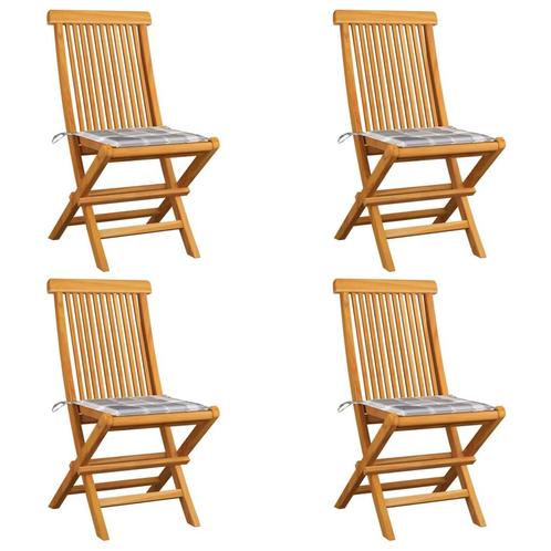 vidaXL Tuinstoelen 4 st met grijs geruite kussens massief, Tuin en Terras, Tuinstoelen, Nieuw, Teakhout, Verzenden