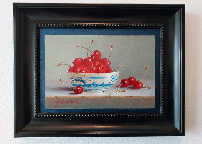 Hans Habraken (1946) - Chinees kommetje met kersen, Antiek en Kunst, Kunst | Schilderijen | Klassiek