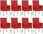 Set van 8 Rode leren moderne eetkamerstoelen - poot rond rvs, Overige kleuren, Nieuw, Leer, Ophalen of Verzenden
