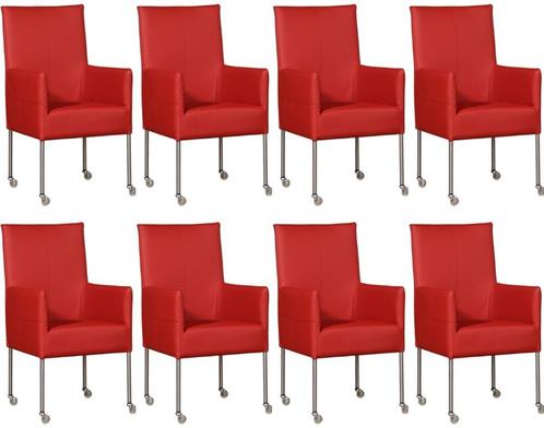 Set van 8 Rode leren moderne eetkamerstoelen - poot rond rvs, Huis en Inrichting, Stoelen, Vijf, Zes of meer stoelen, Overige kleuren