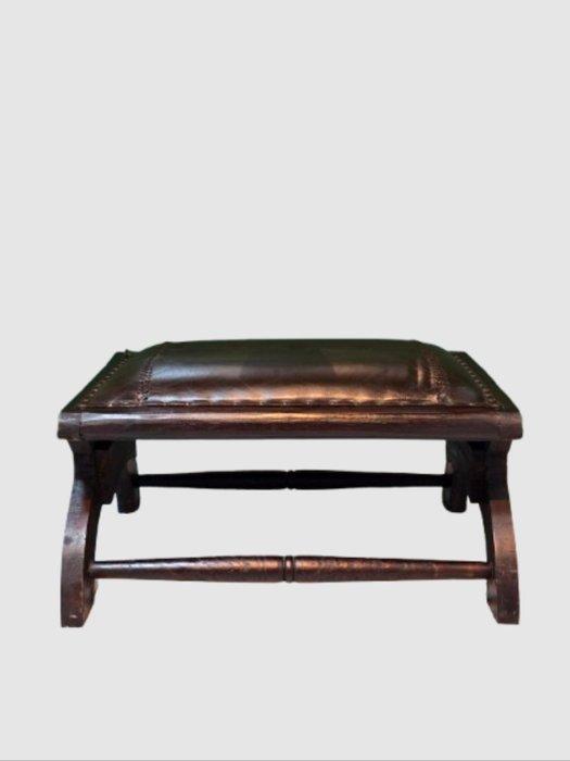 Voetenbank - Hout, Leder - Antieke voetenbank, Antiek en Kunst, Antiek | Overige Antiek
