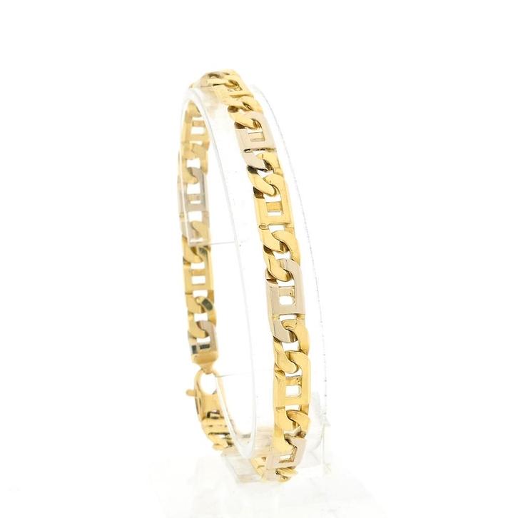 18 Krt. Bicolor gouden marine schakel armband | 23 cm, Sieraden, Tassen en Uiterlijk, Armbanden, Overige kleuren, Gebruikt, Goud