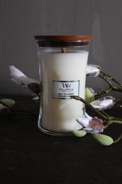 WoodWick White tea & jasmine large, Huis en Inrichting, Woonaccessoires | Kandelaars en Kaarsen, Nieuw, Ophalen of Verzenden